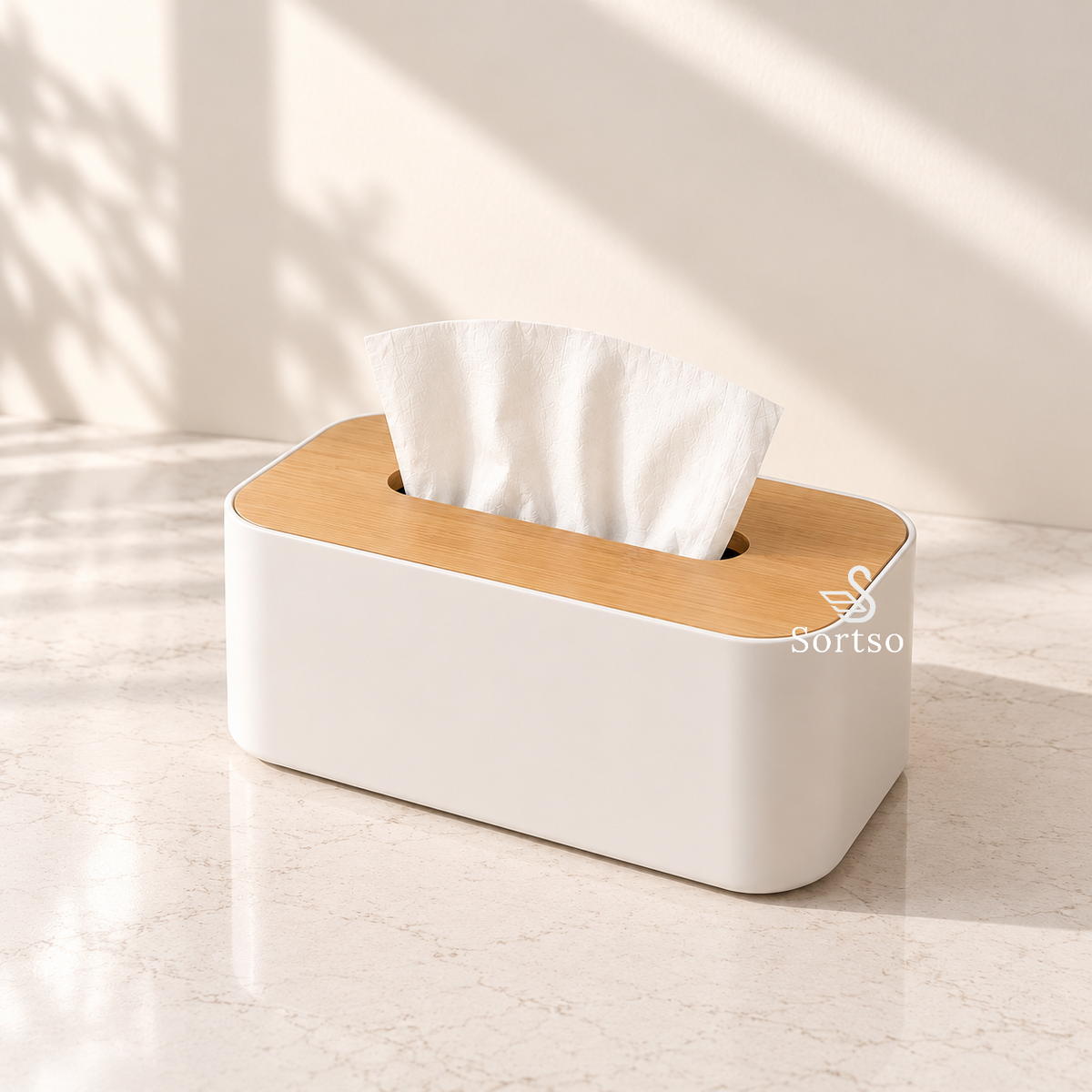 Modern minimalist tissue box with white body, wood-look lid and easy-access tissue opening