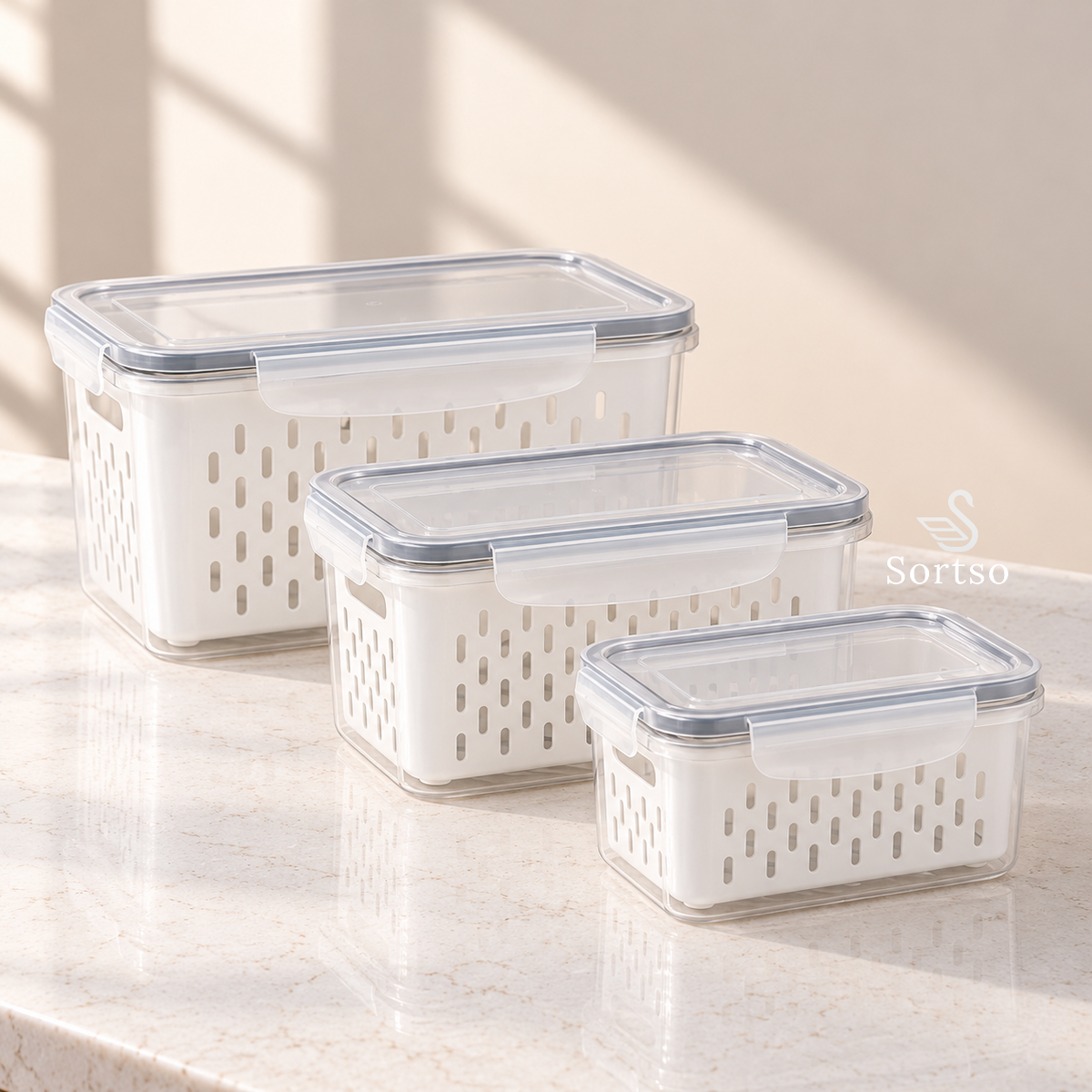 Fruit and vegetable storage containers with drain baskets in Pakistan - set of 3