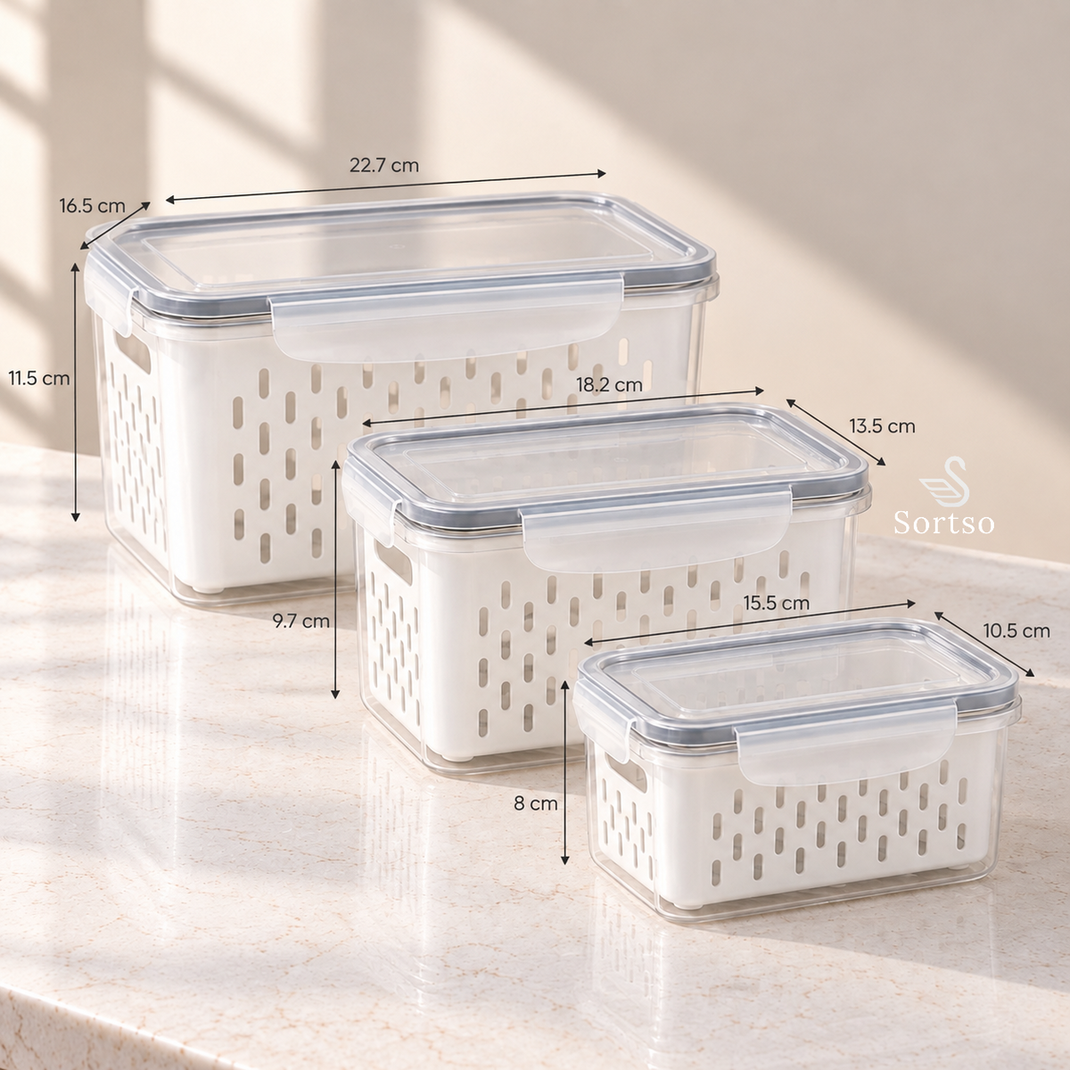 Fruit and vegetable storage containers with drain baskets - set of 3 sizes and dimensions