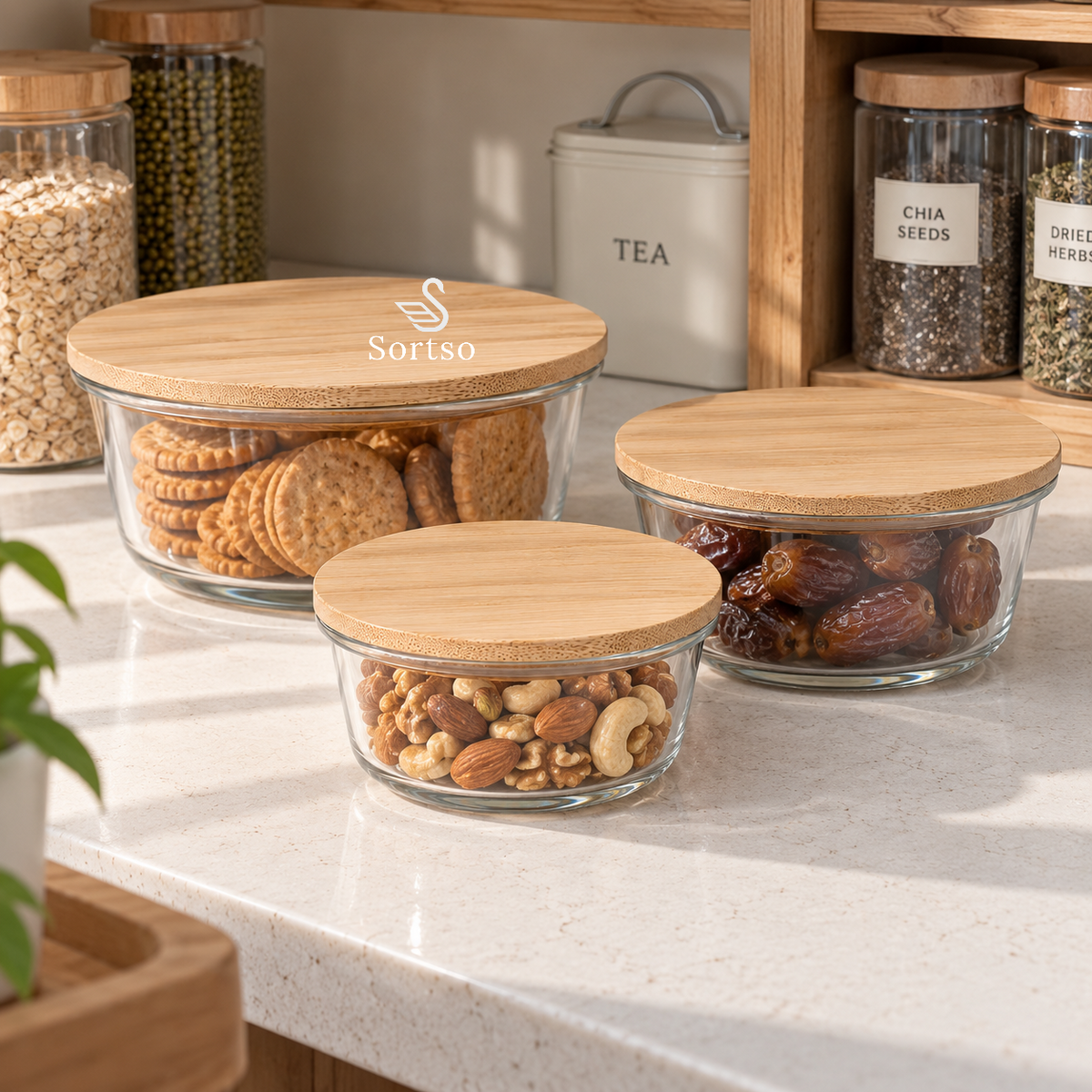 Round glass food containers with bamboo lids storing biscuits, dates and mixed nuts in pantry