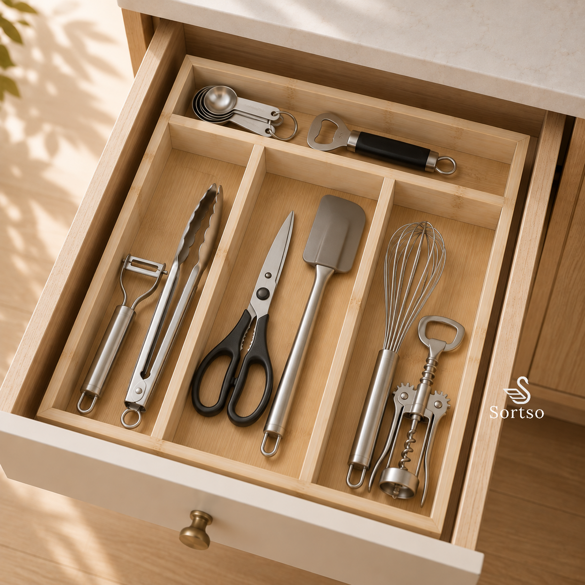 Bamboo kitchen drawer organizer for utensils, scissors and cooking tools