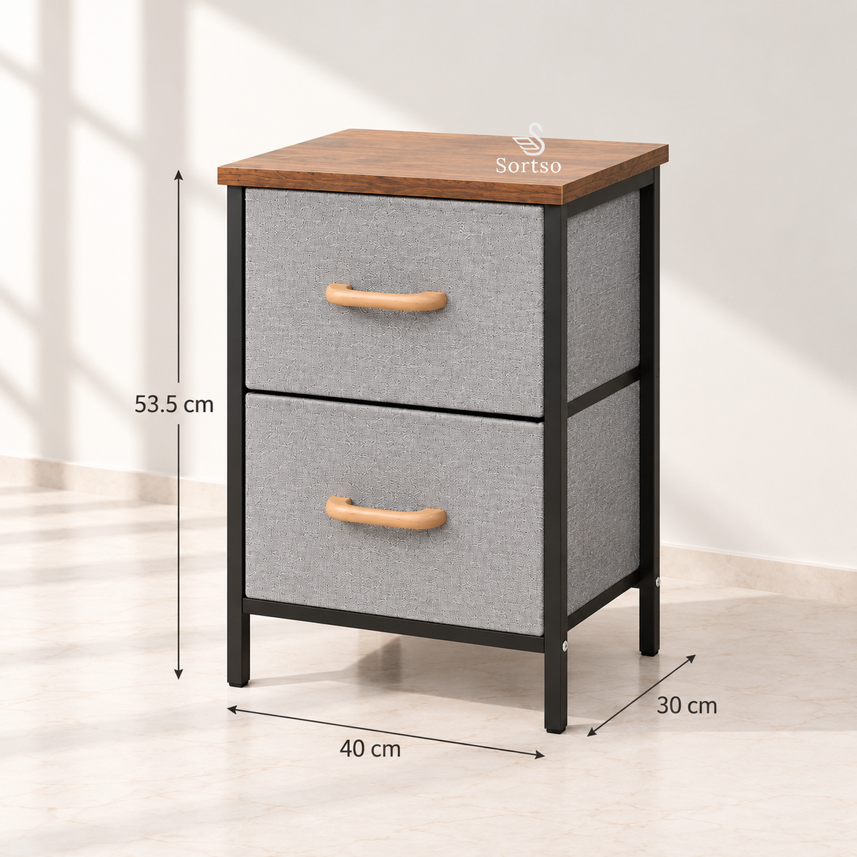 2-drawer fabric bedside storage table with dimensions 53.5 × 40 × 30 cm shown