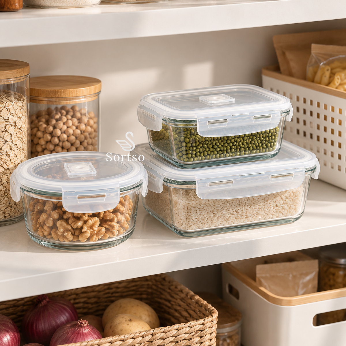 Glass food storage containers with locking lids storing rice, lentils and walnuts on a pantry shelf.