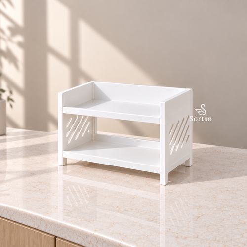 White 2-tier multipurpose shelf organizer on kitchen countertop