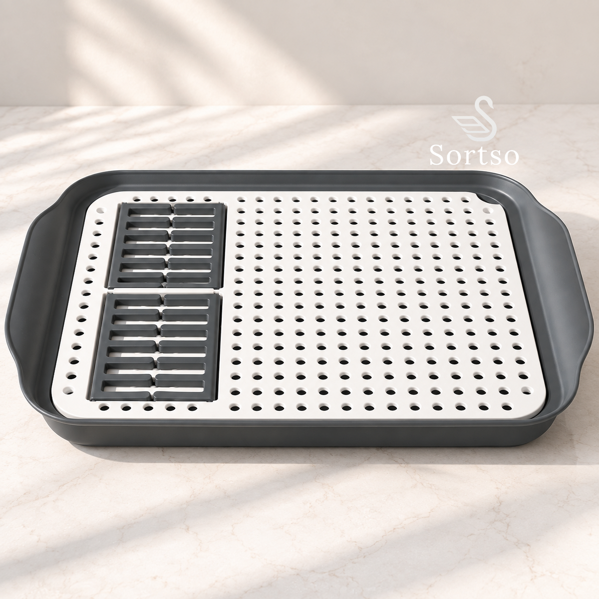 foldable dish drying tray with perforated draining surface and built-in collapsible plate rack
