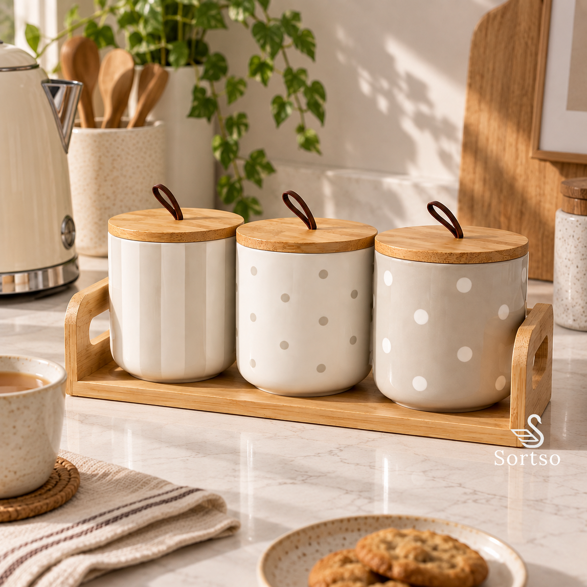 Ceramic kitchen canister set with bamboo lids and wooden tray on a kitchen counter