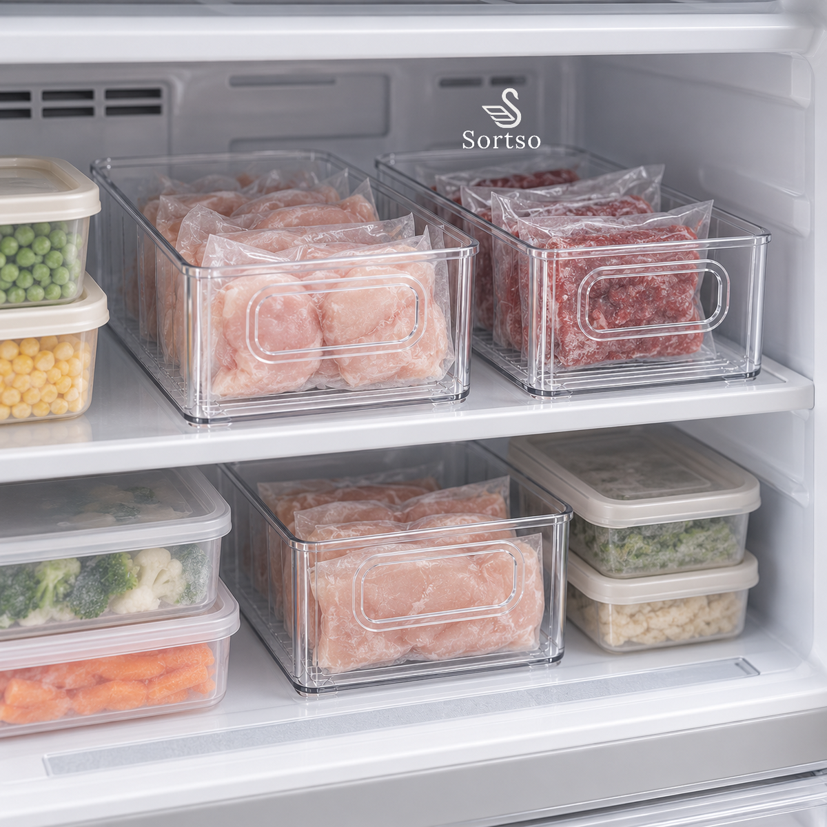 Clear freezer organizer bins holding frozen meat packs for organized storage