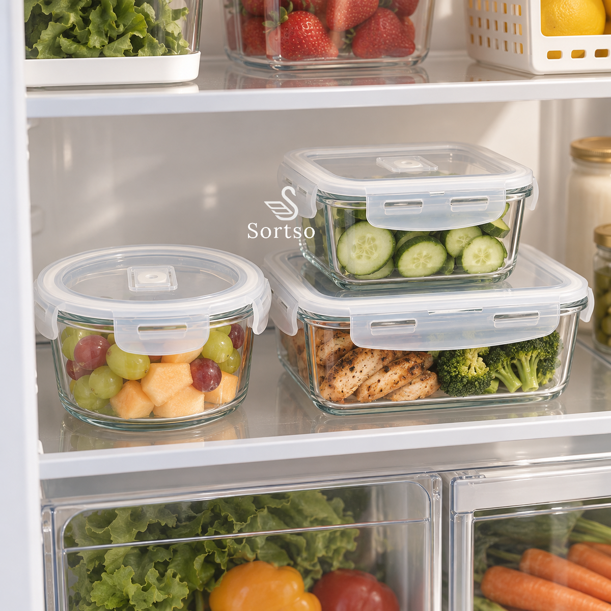 Glass food storage containers with locking lids storing fruit, vegetables and meal prep in a refrigerator.