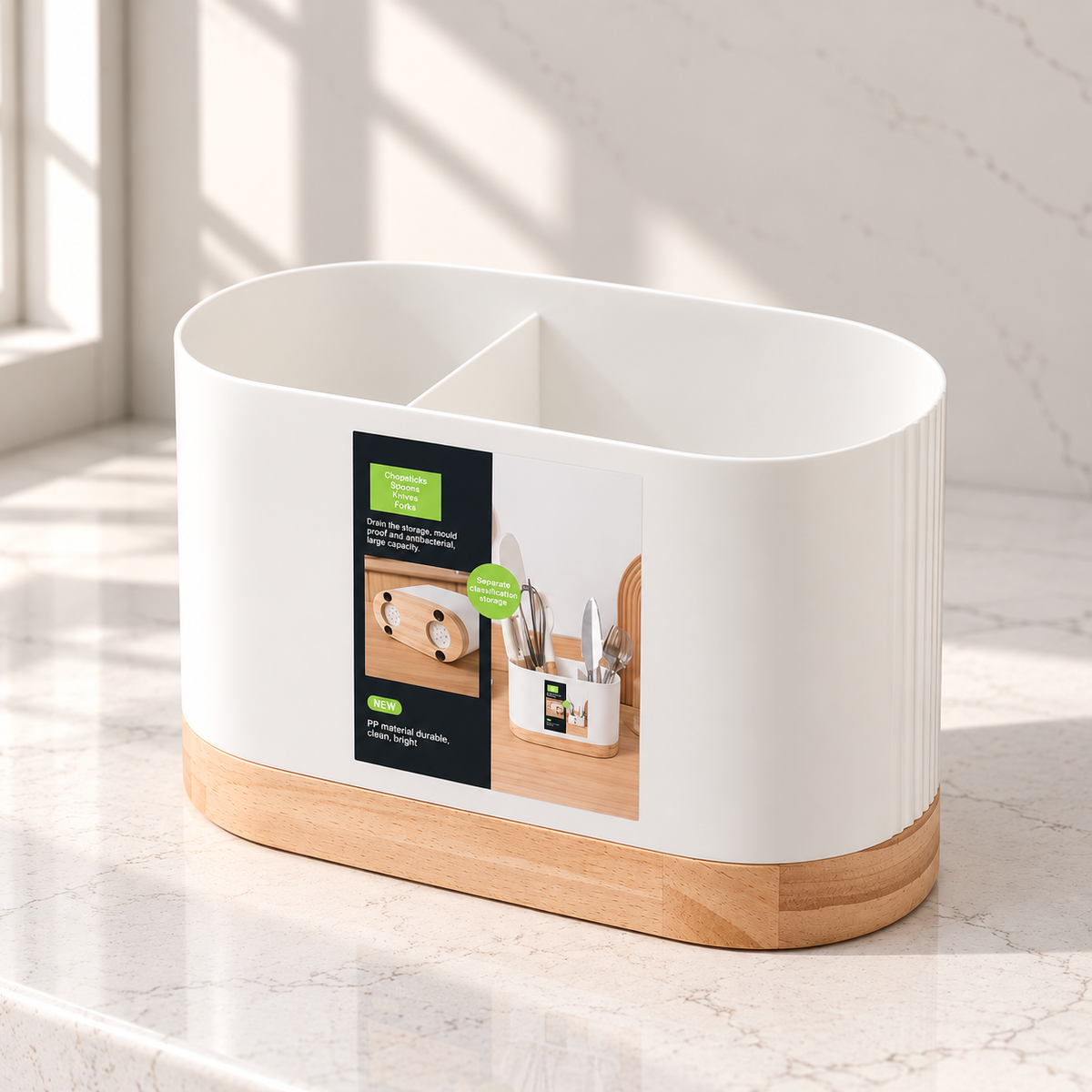 2-Compartment Utensil Holder with Drainage & Wooden Base