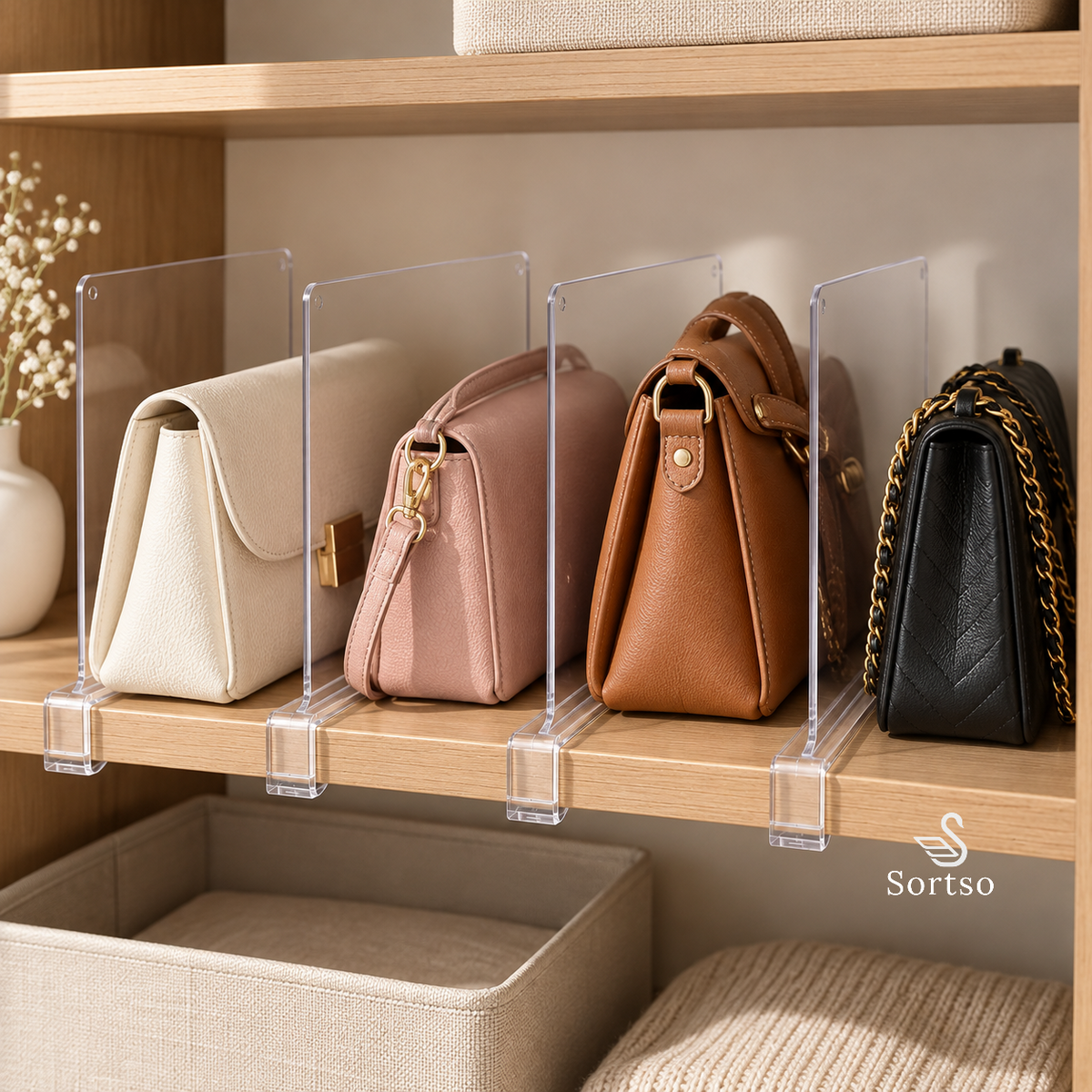 Clear acrylic wardrobe shelf dividers separating handbags on a wardrobe shelf
