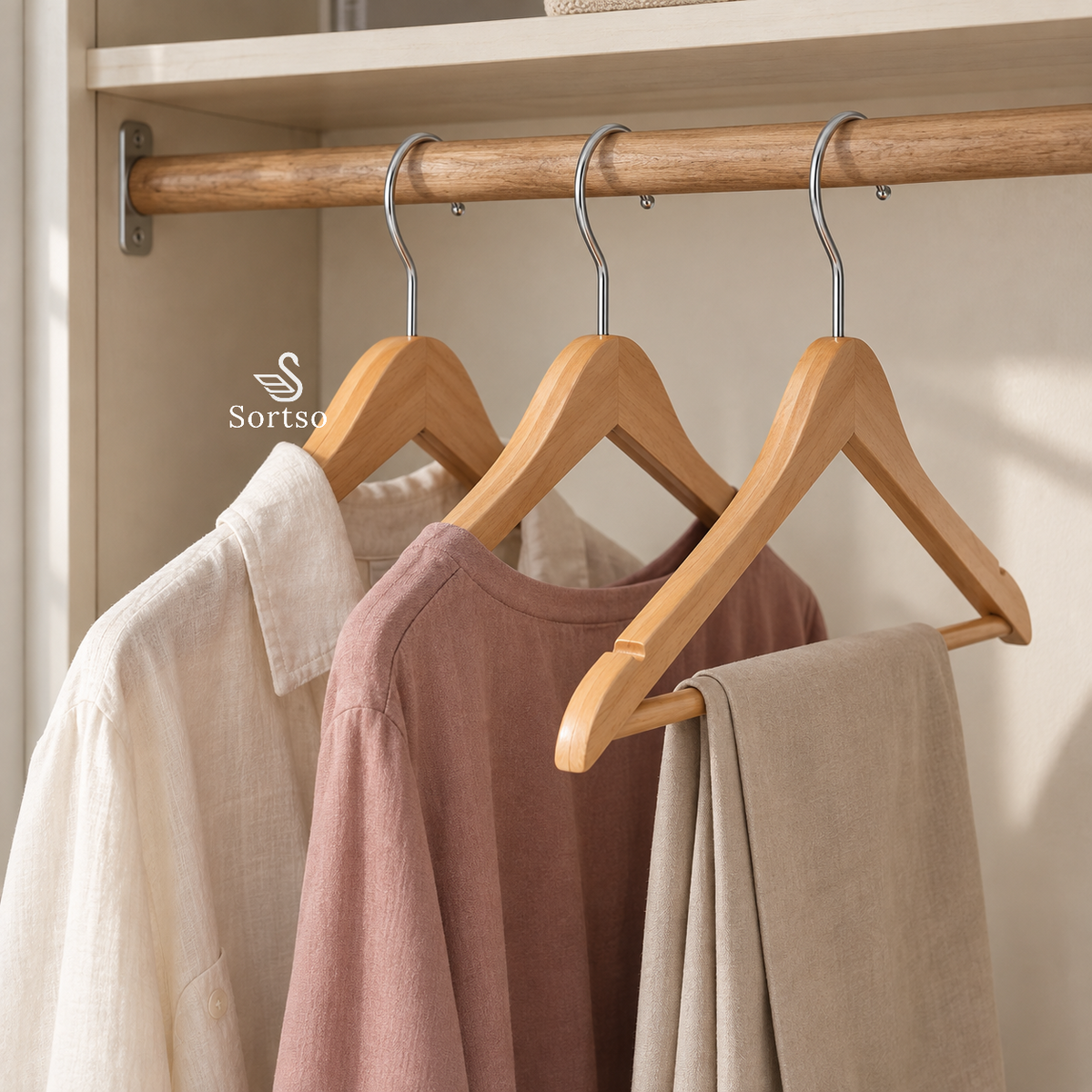 Wooden clothes hangers holding shirts and trousers neatly inside a wardrobe
