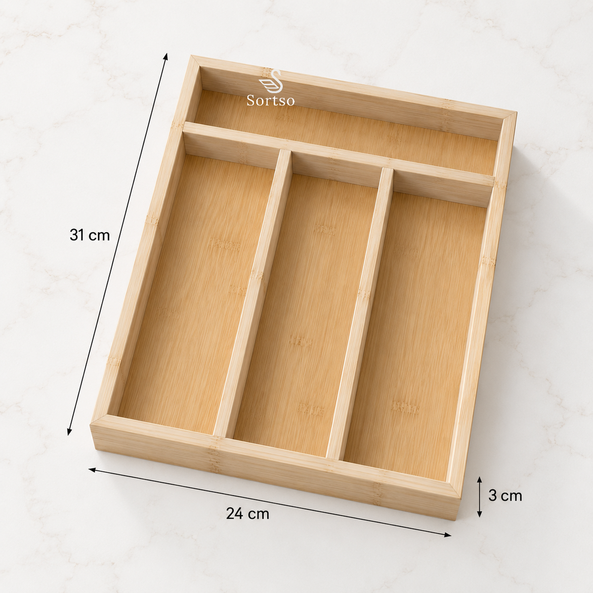 Bamboo cutlery drawer organizer with 4 compartments - 31 x 24 x 3 cm dimensions
