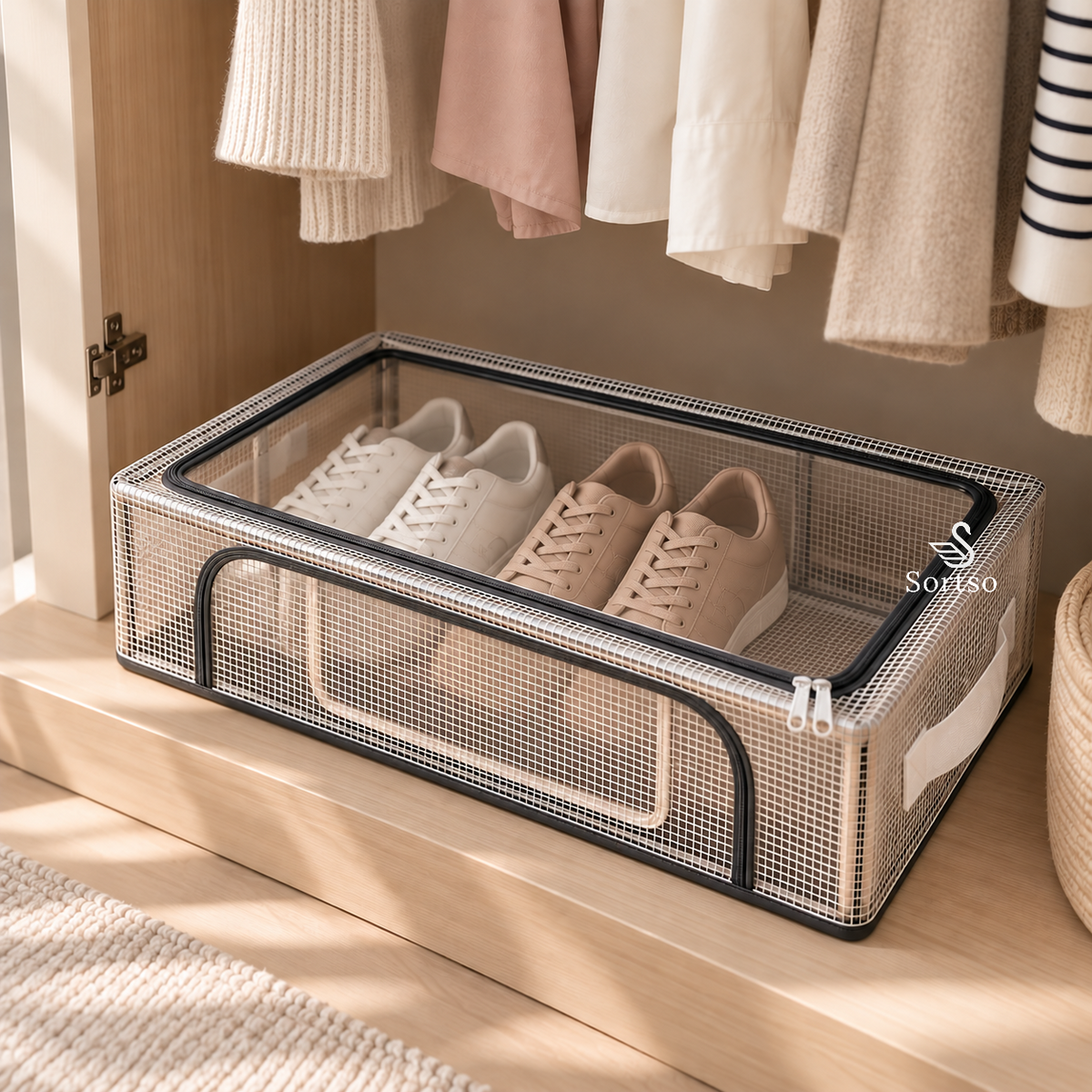 Transparent storage box used as a shoe organizer inside a wardrobe