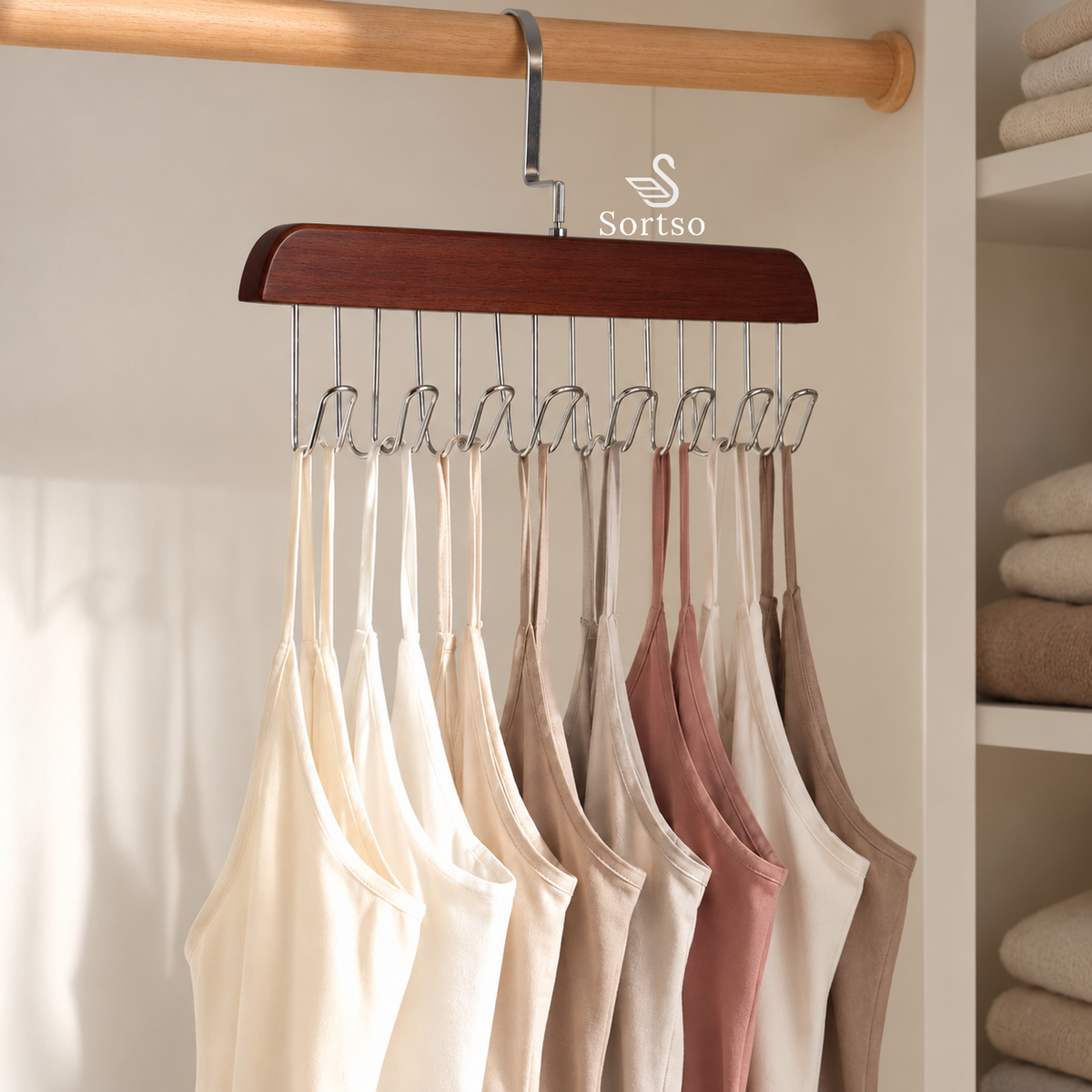 Wooden 8-hook wardrobe hanger organizing camisoles and tank tops on a closet rail