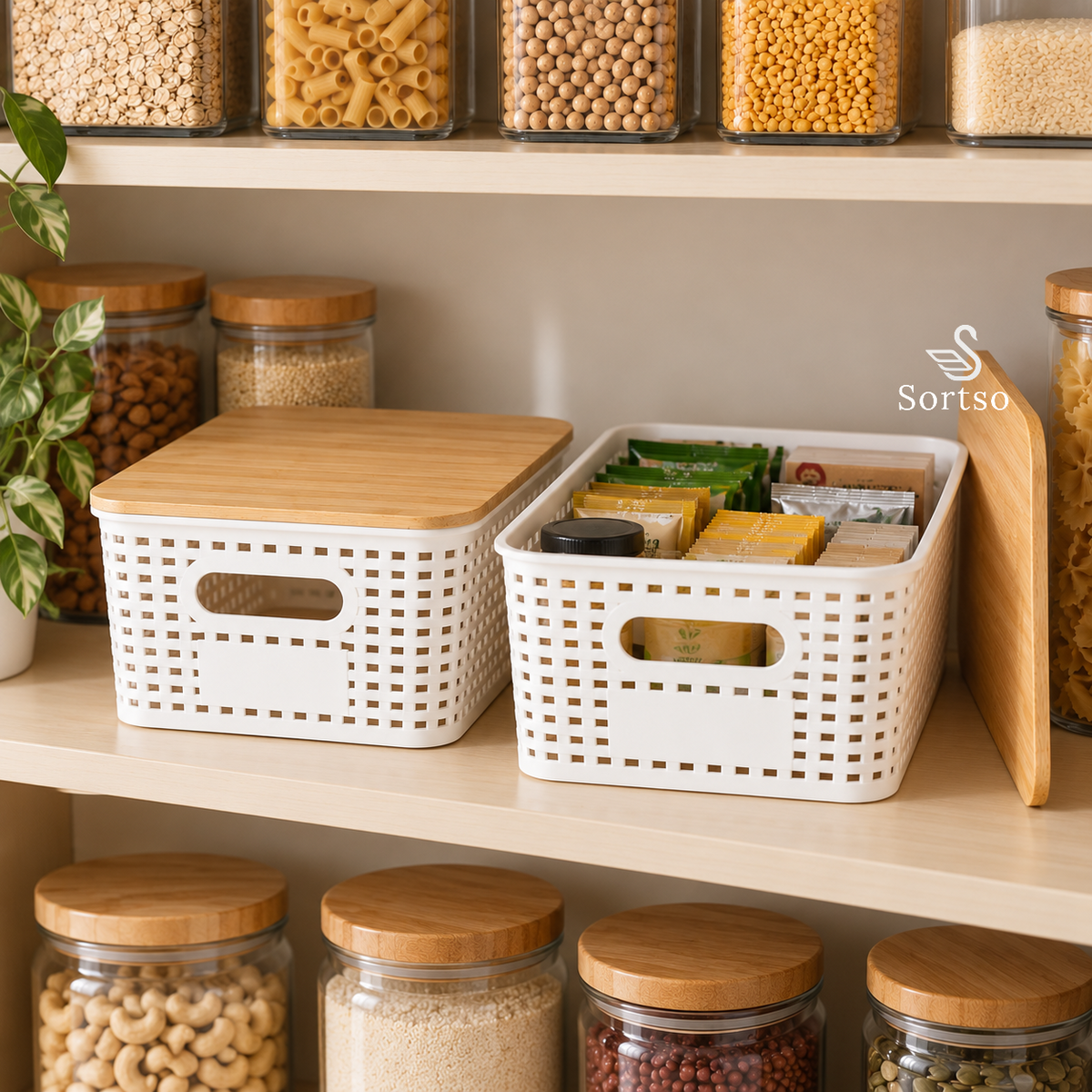 Ventilated pantry organizer basket with bamboo lid for packets, snacks and dry food storage