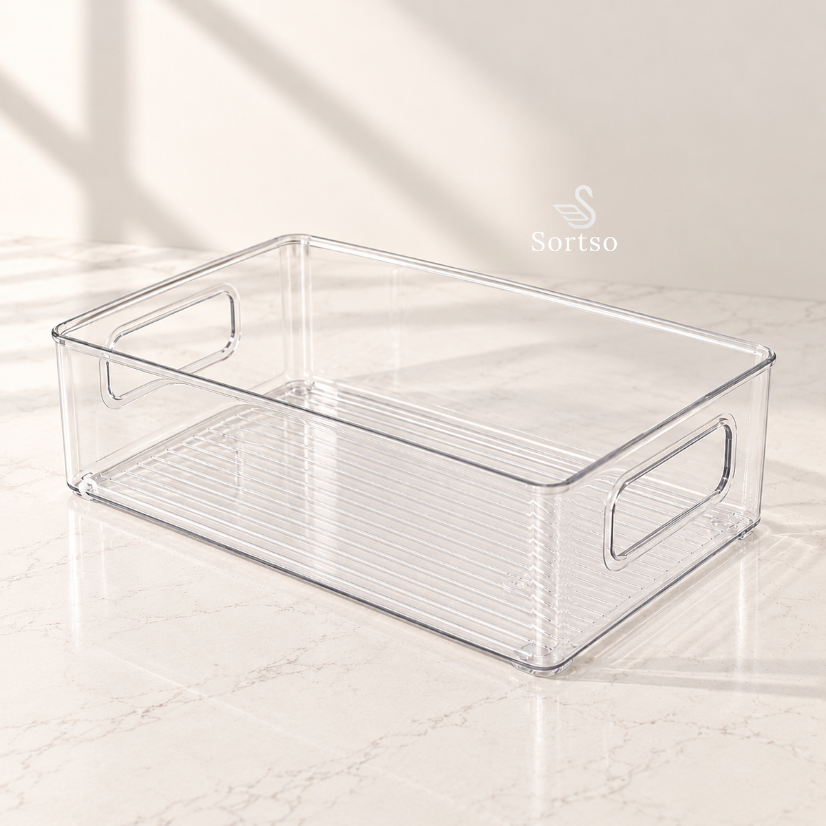 Clear fridge and freezer organizer bin with built-in handles