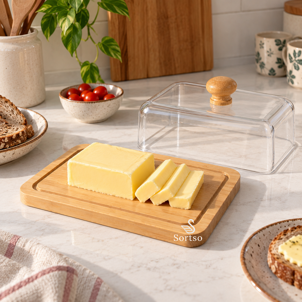Bamboo butter dish with sliced butter and clear cover on kitchen countertop