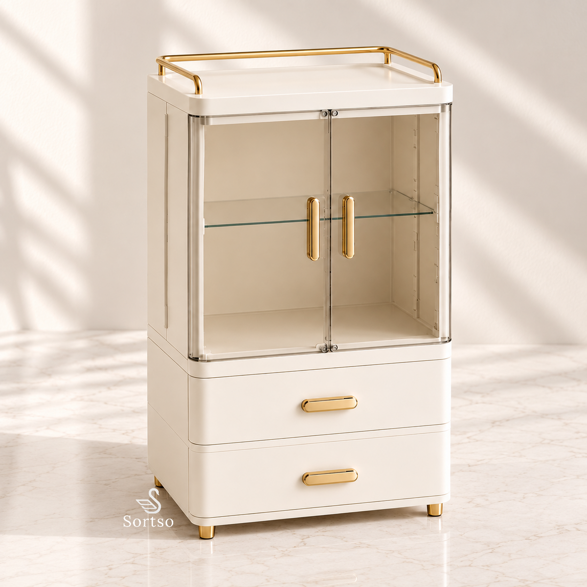 Tall white vanity and skincare organizer with transparent double doors, two drawers and gold-tone handles