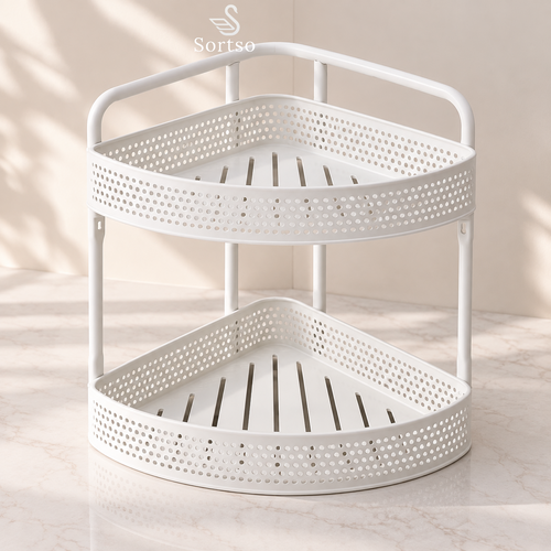 2-tier white corner storage and shower rack with perforated shelves