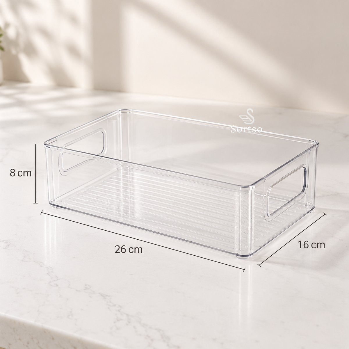 Clear fridge and freezer organizer bin with handles, 26 × 16 × 8 cm