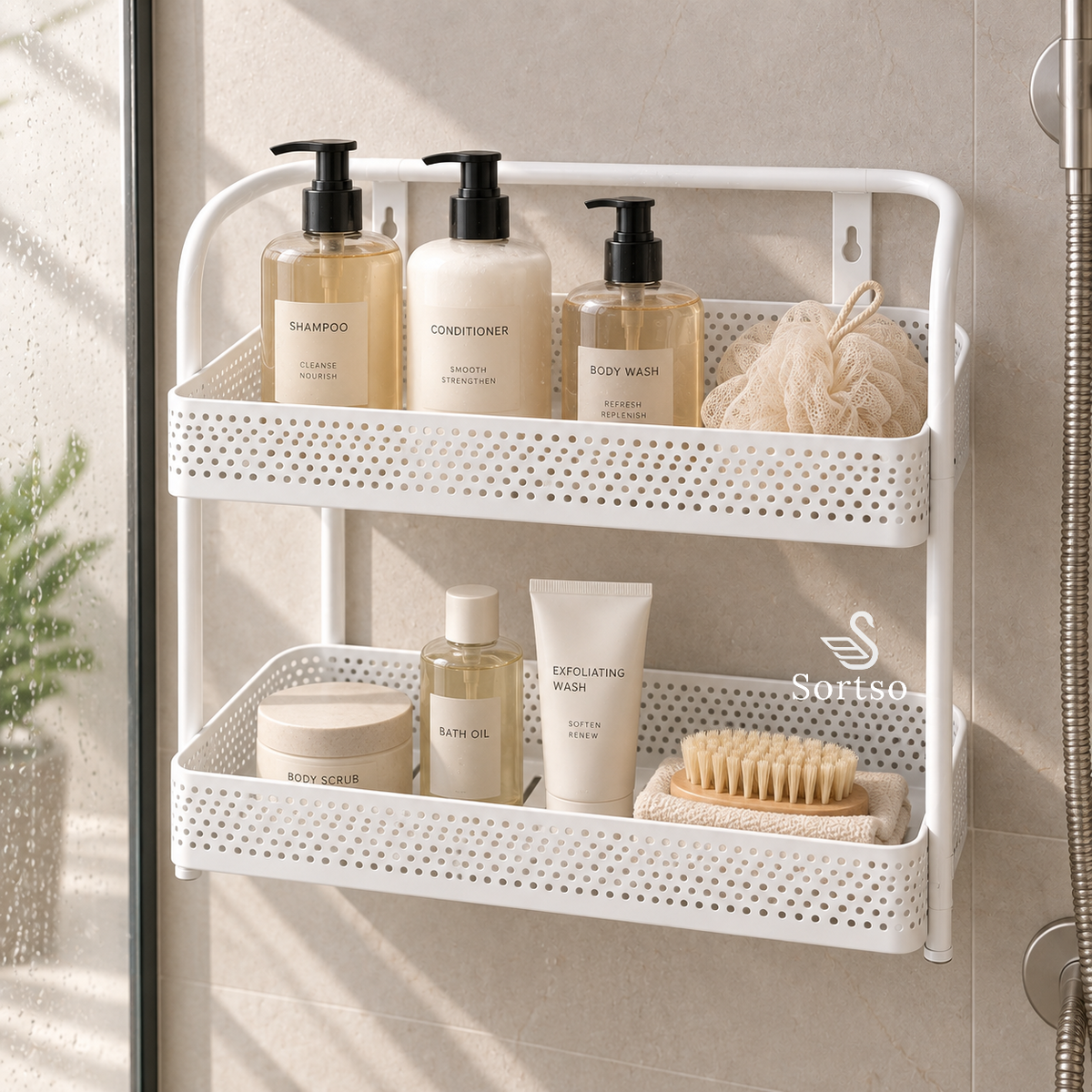2-tier wall-mount storage rack holding shampoo, conditioner and bath essentials in a shower area