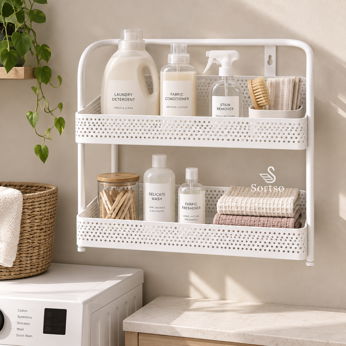 2-tier wall-mount storage rack holding laundry supplies, towels and cleaning essentials