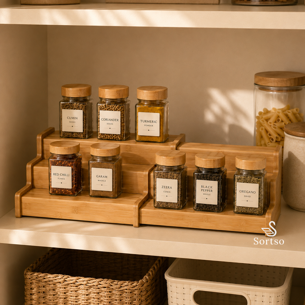 Expandable 3-tier bamboo spice rack organizing spice jars on a pantry shelf