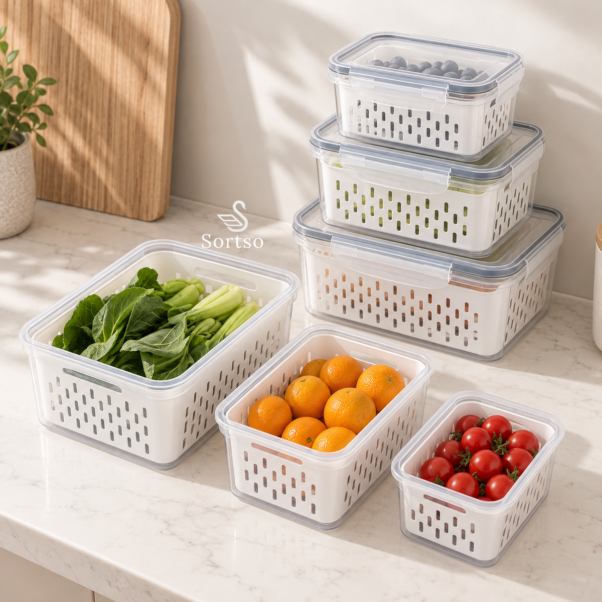 Fruit and vegetable storage containers with drain baskets for kitchen and fridge organization