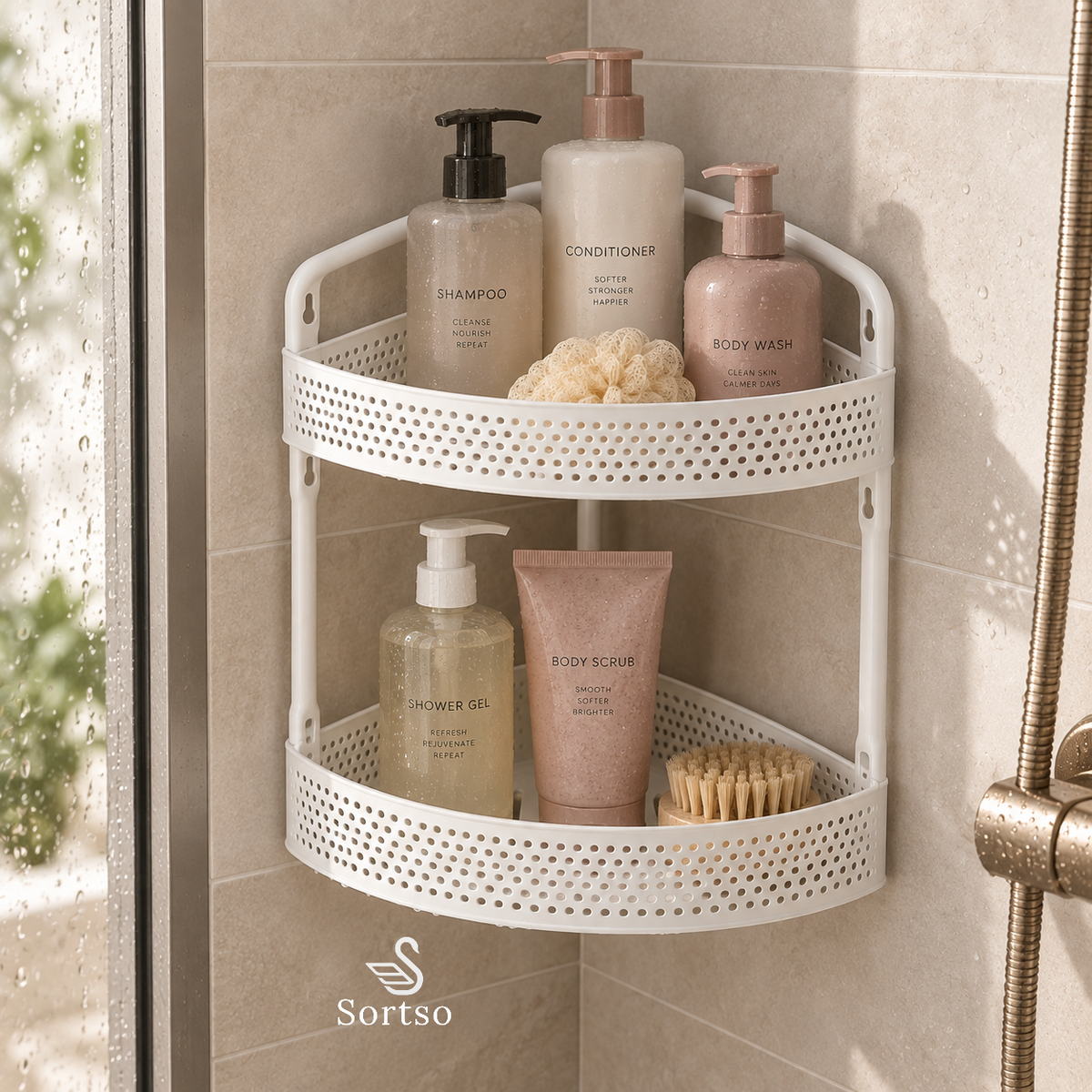 2-tier corner shower rack holding shampoo, conditioner, body wash and bath essentials