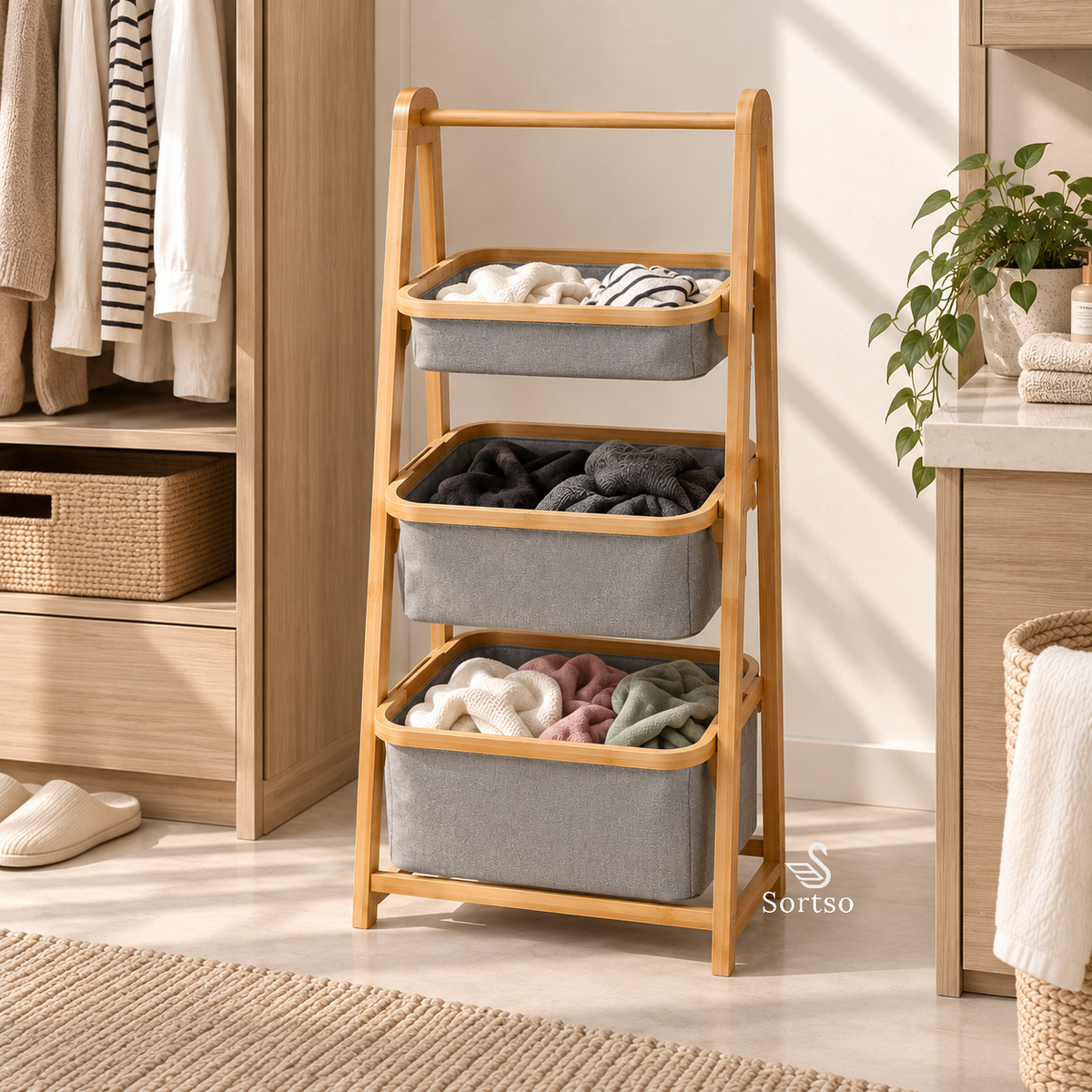 3-tier bamboo laundry sorter with grey fabric baskets separating light, dark and coloured clothes.