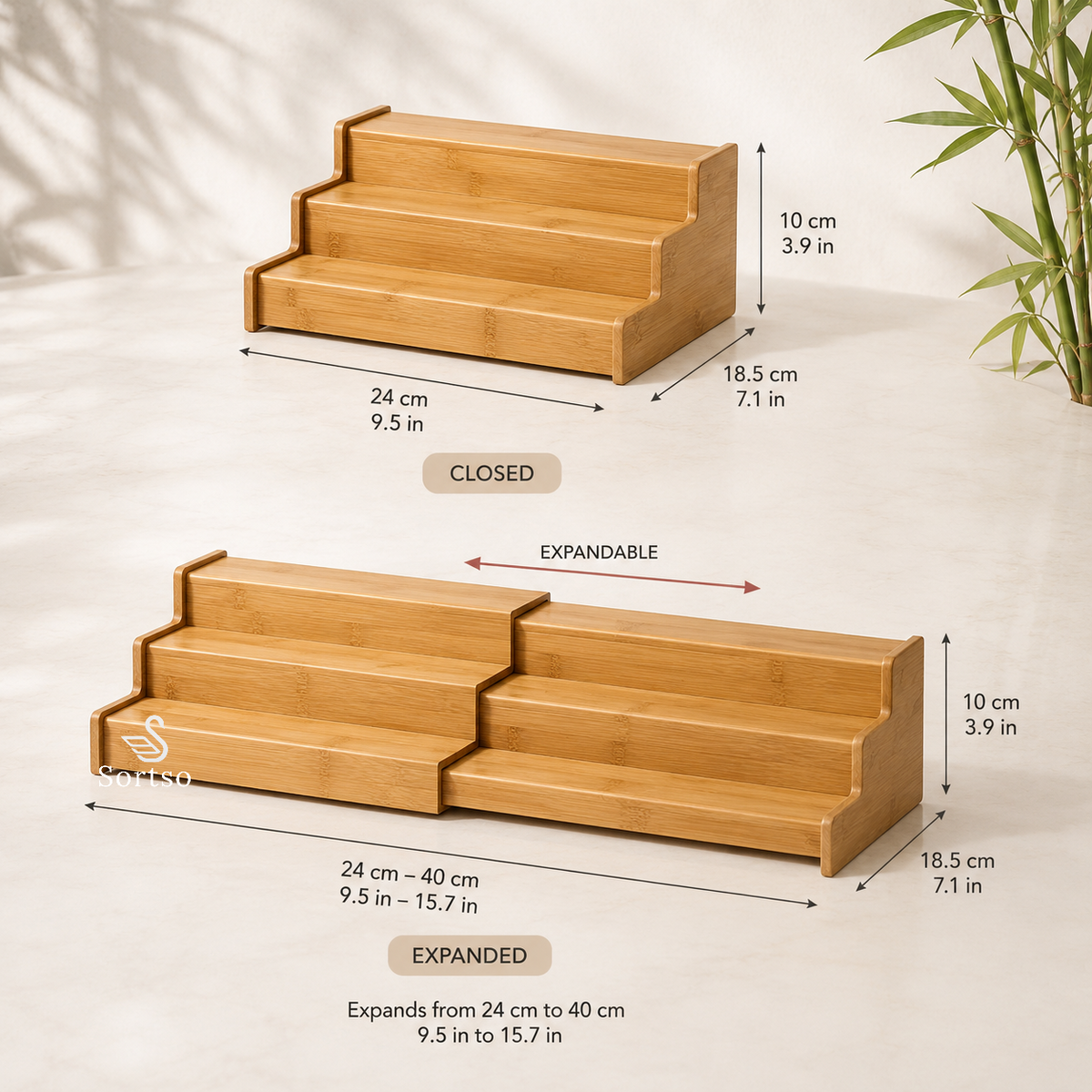 Expandable 3-tier bamboo spice rack showing closed and expanded dimensions from 24 to 40 cm