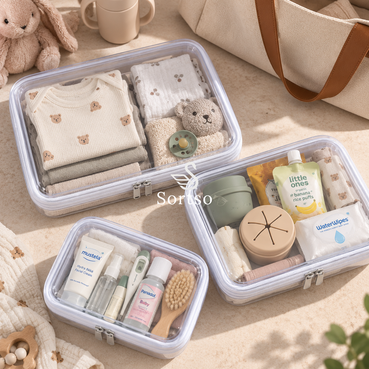 Clear hard-shell storage pouches organizing baby clothes, toiletries and everyday baby essentials.