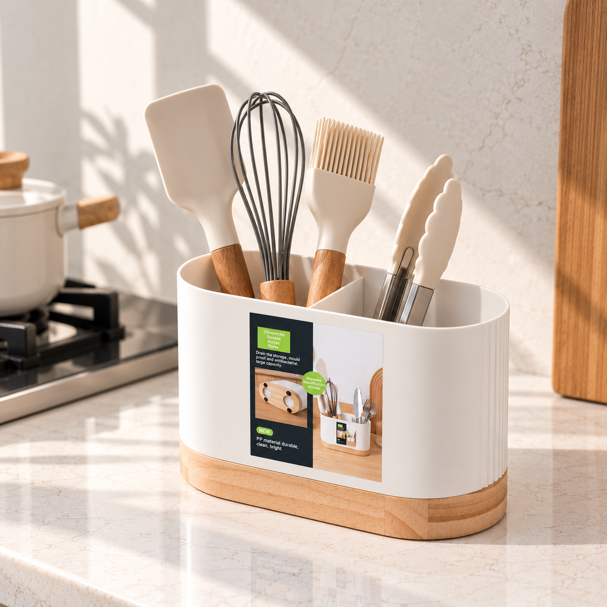 2-Compartment Utensil Holder with Drainage & Wooden Base