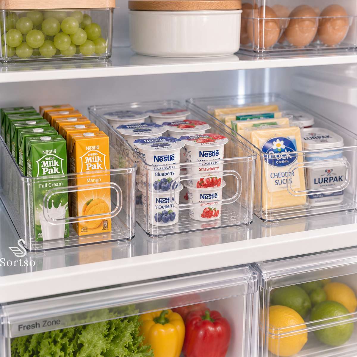 Clear fridge organizer bins holding juice boxes, yogurt and cheese on refrigerator shelves