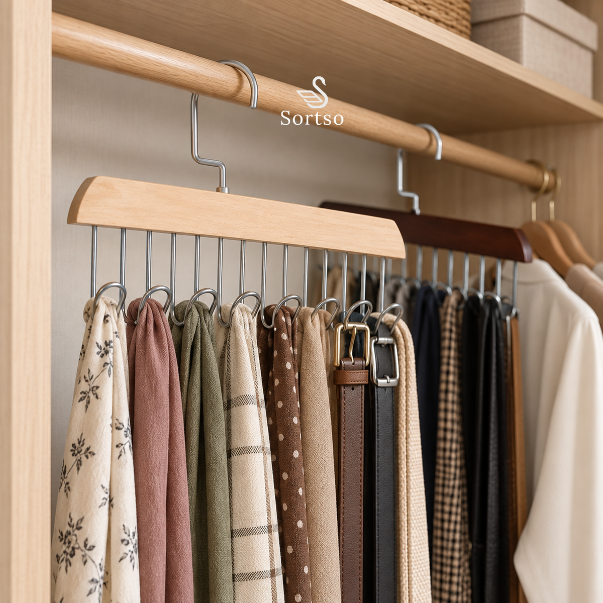 Wooden 8-hook wardrobe hanger organizing scarves and belts on a closet rail