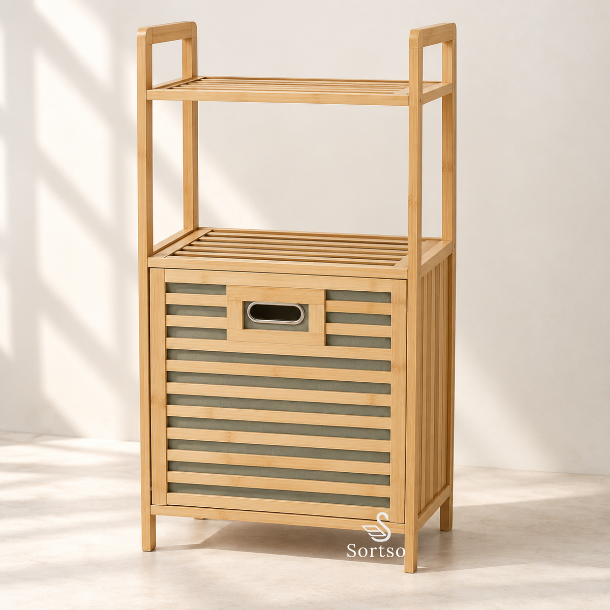 Bamboo laundry hamper with slatted storage basket and two open shelves above.
