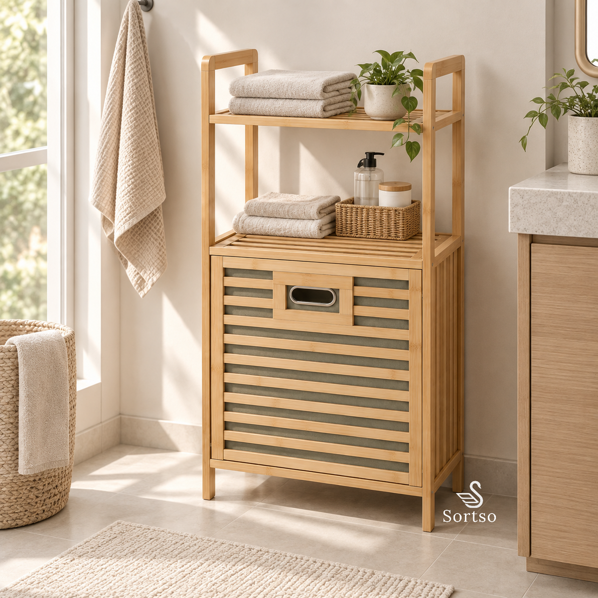 Bamboo laundry hamper with storage shelves holding folded towels and bathroom essentials.