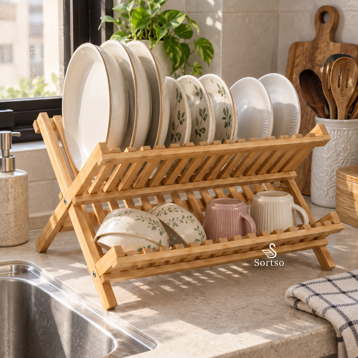 Foldable bamboo dish drying rack holding plates, bowls and cups beside kitchen sink