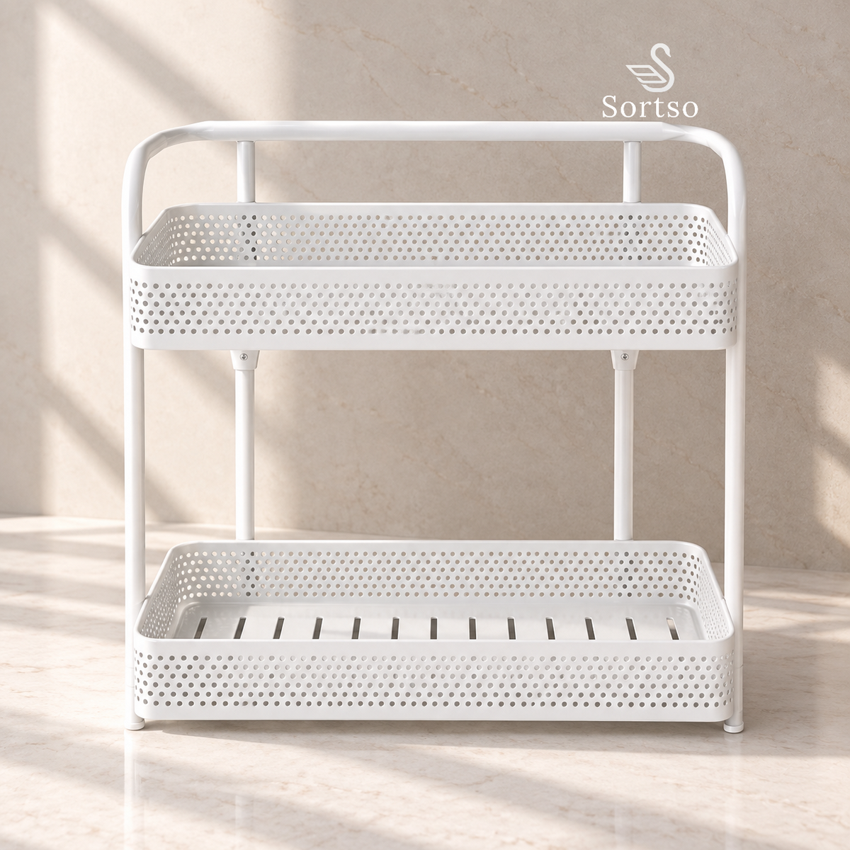 2-tier white wall-mount storage rack with perforated shelves