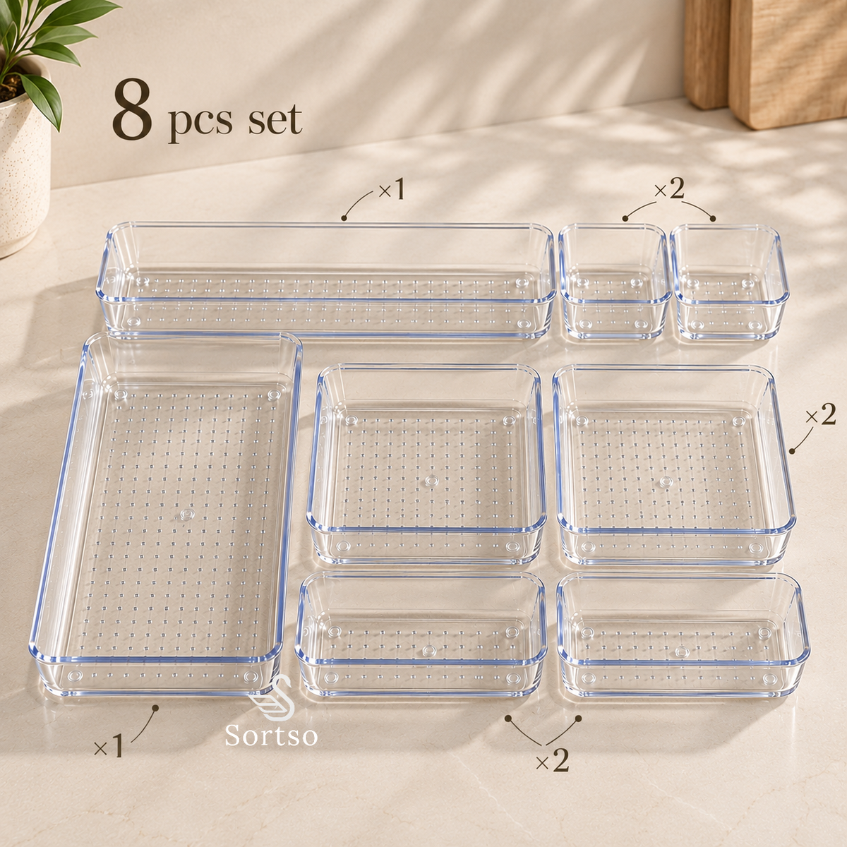 Clear acrylic drawer organizers 8-piece set in assorted modular sizes for flexible and customized drawer organization.
