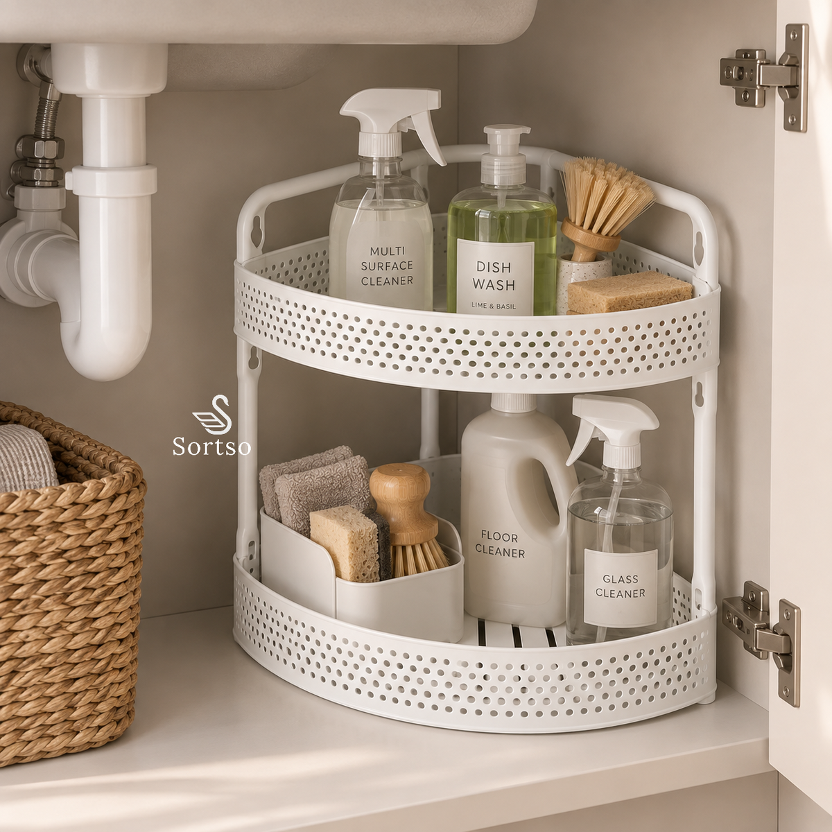 2-tier corner storage rack organizing cleaning supplies under the kitchen sink