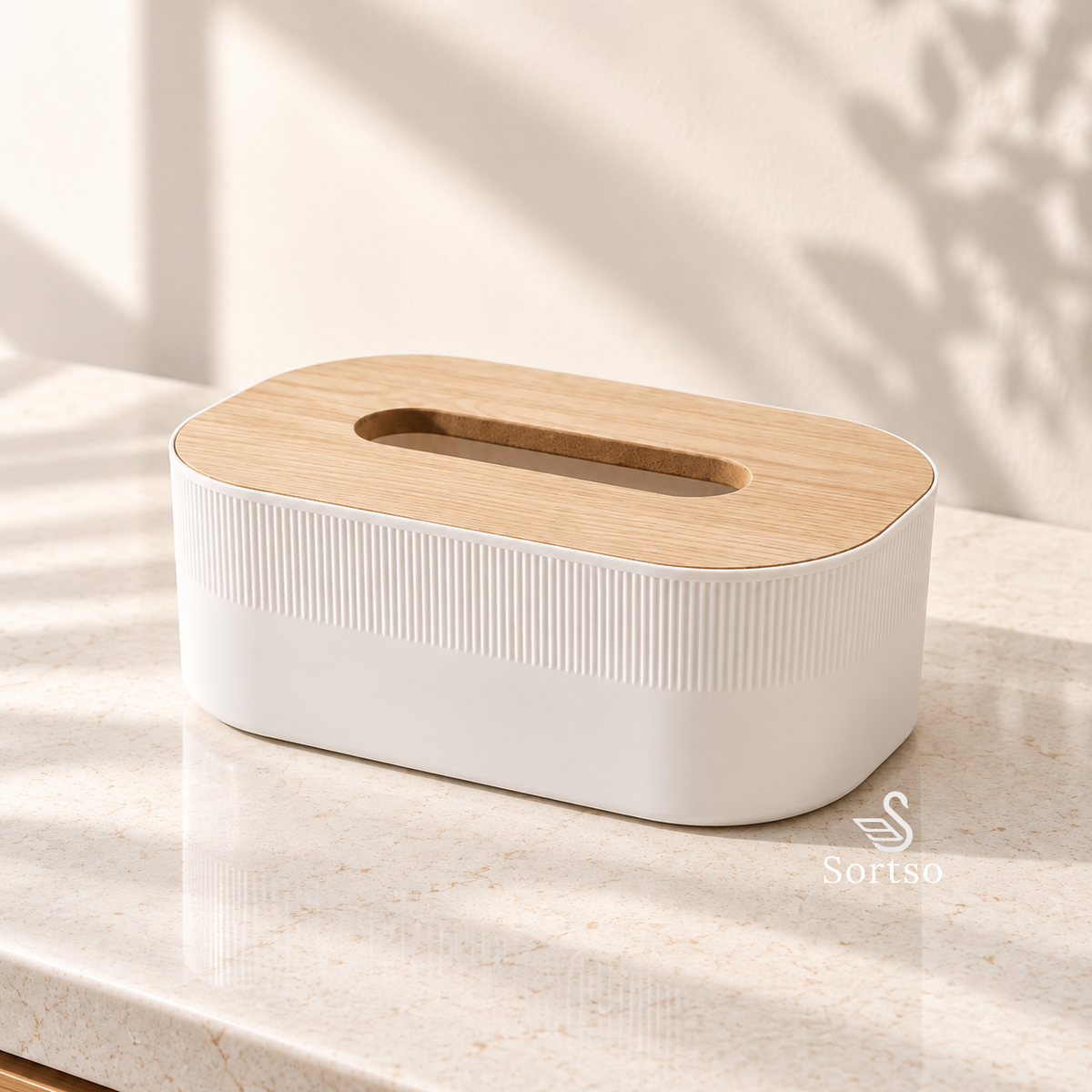 Minimal ribbed white tissue box with a wood-look lid for bedroom, vanity or living room storage.