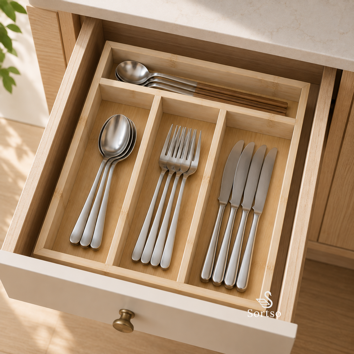 Bamboo cutlery drawer organizer for spoons, forks and knives in kitchen drawer