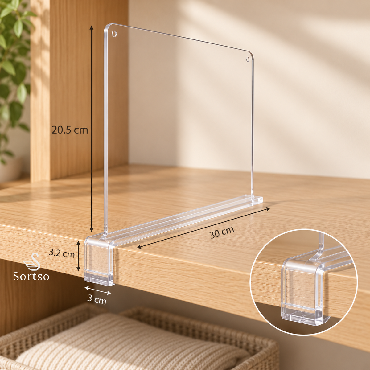 Clear acrylic wardrobe shelf divider with clip-on design and dimensions