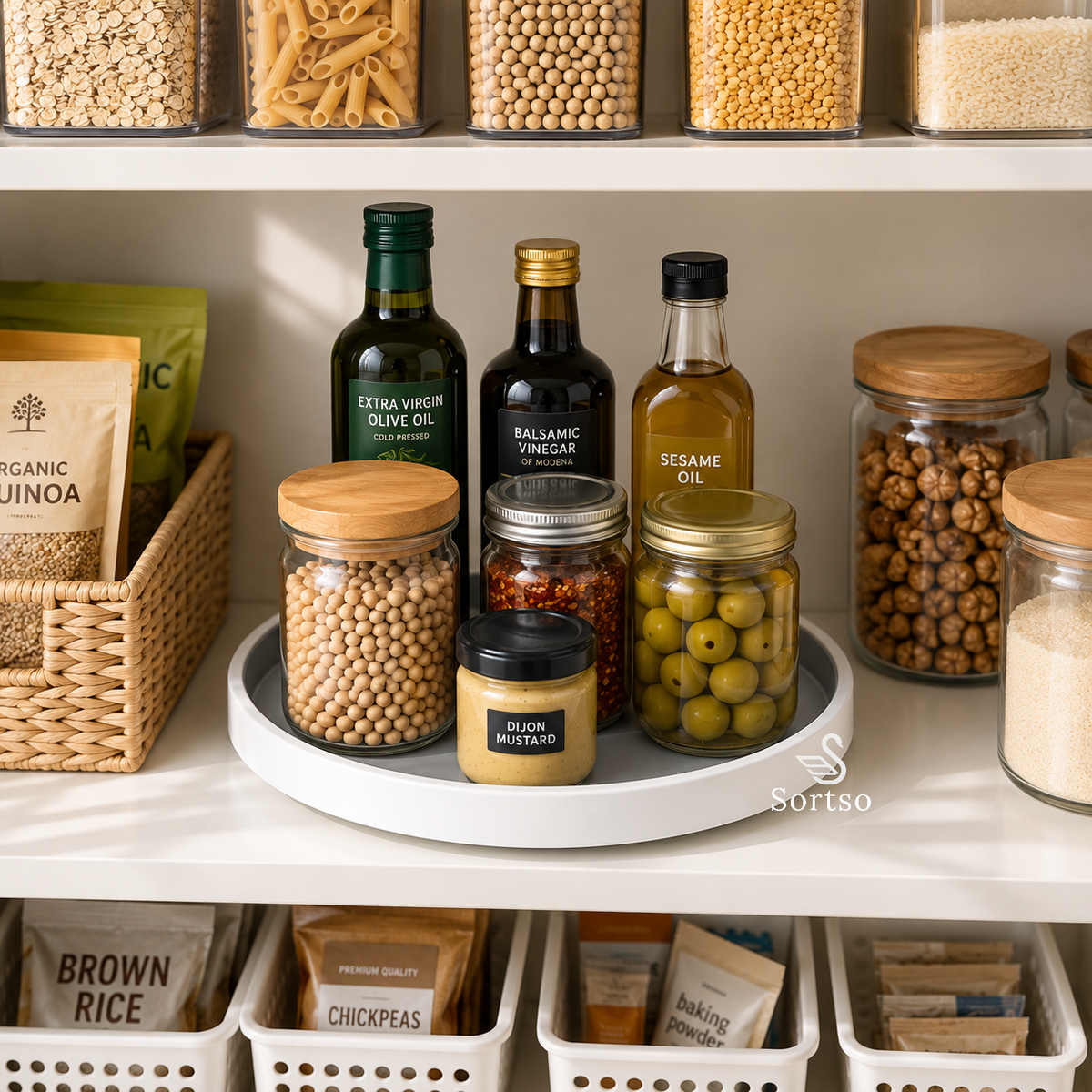 360° rotating pantry organizer for oils, sauces, spices and jars on pantry shelf