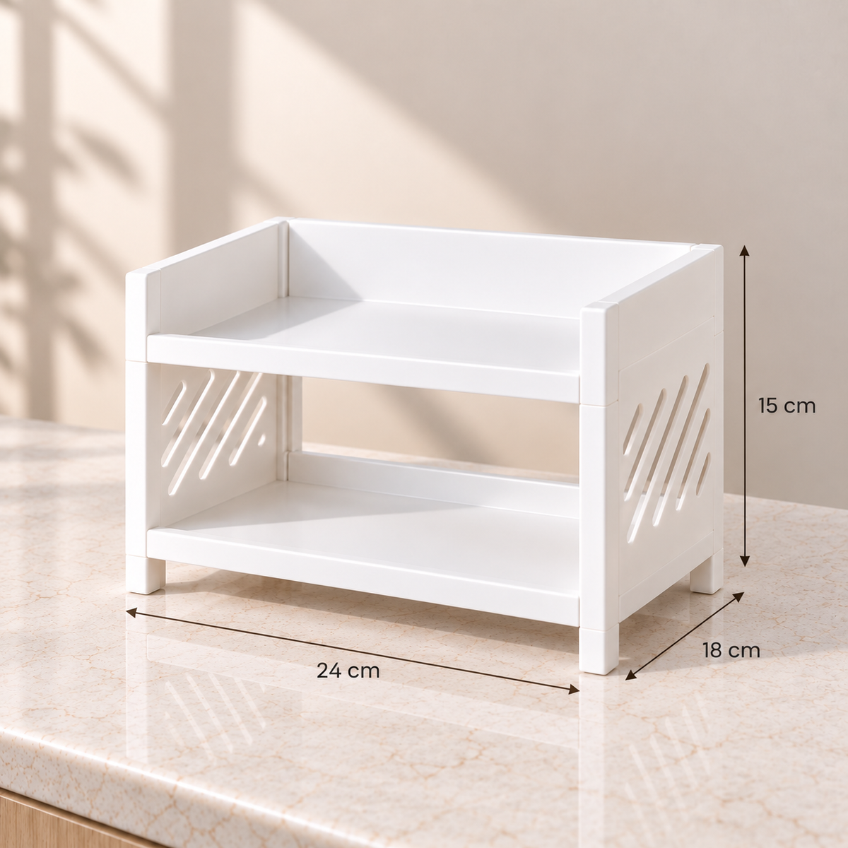 2-tier multipurpose shelf organizer with 24 × 18 × 15 cm dimensions