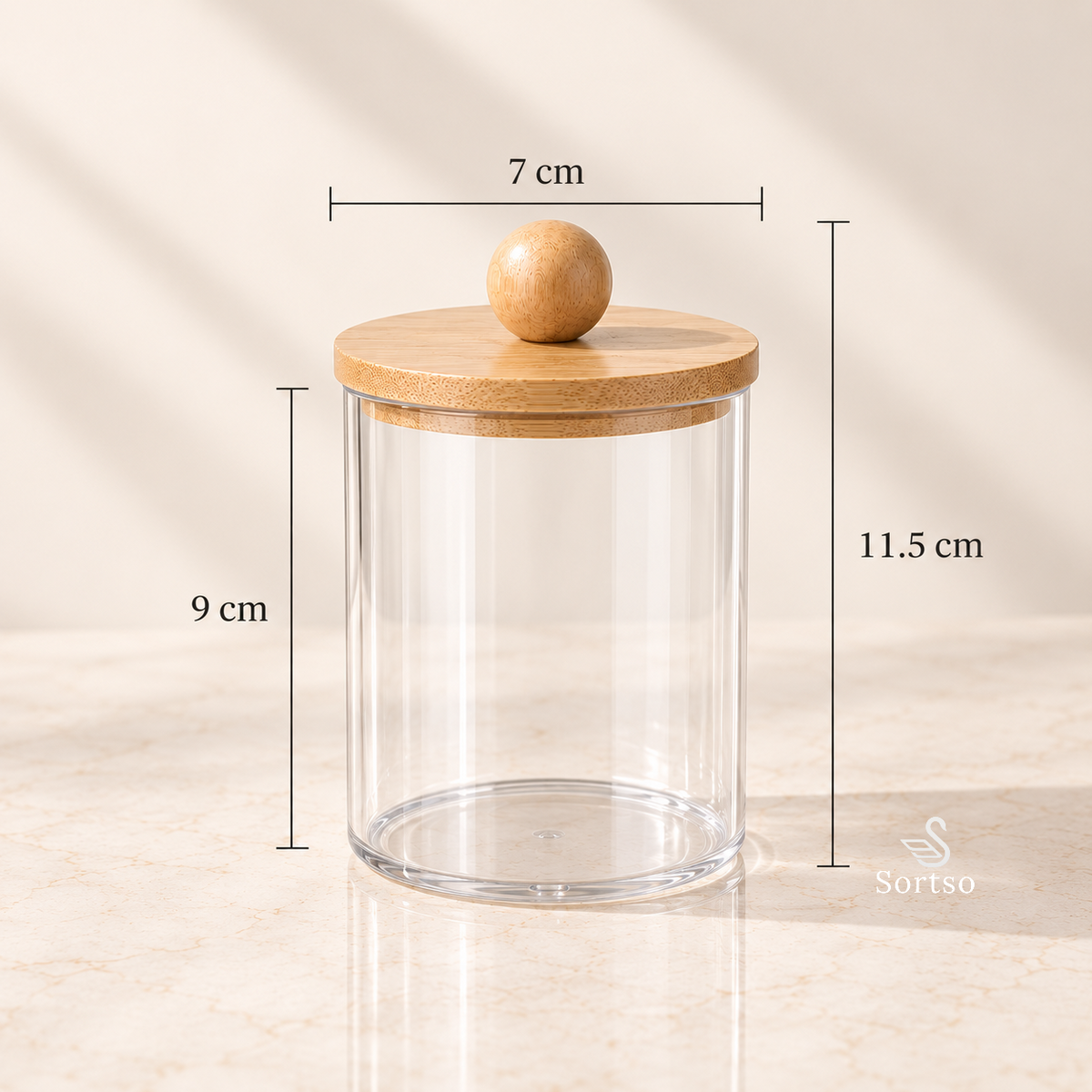 Clear vanity storage jar with bamboo lid showing 7 cm diameter, 9 cm body height and 11.5 cm overall height.