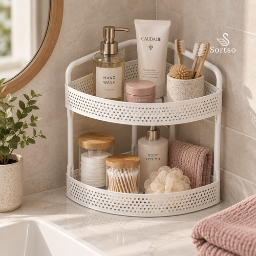 2-tier corner storage rack holding skincare, toiletries and bathroom essentials beside a sink