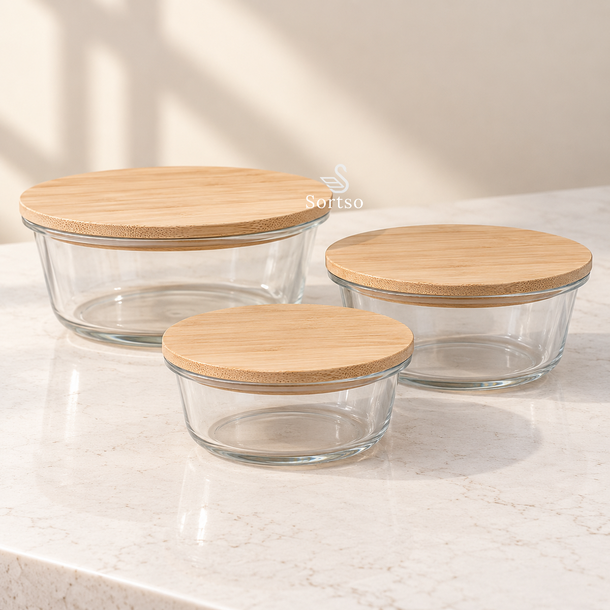Set of 3 round glass food containers with bamboo lids in different sizes