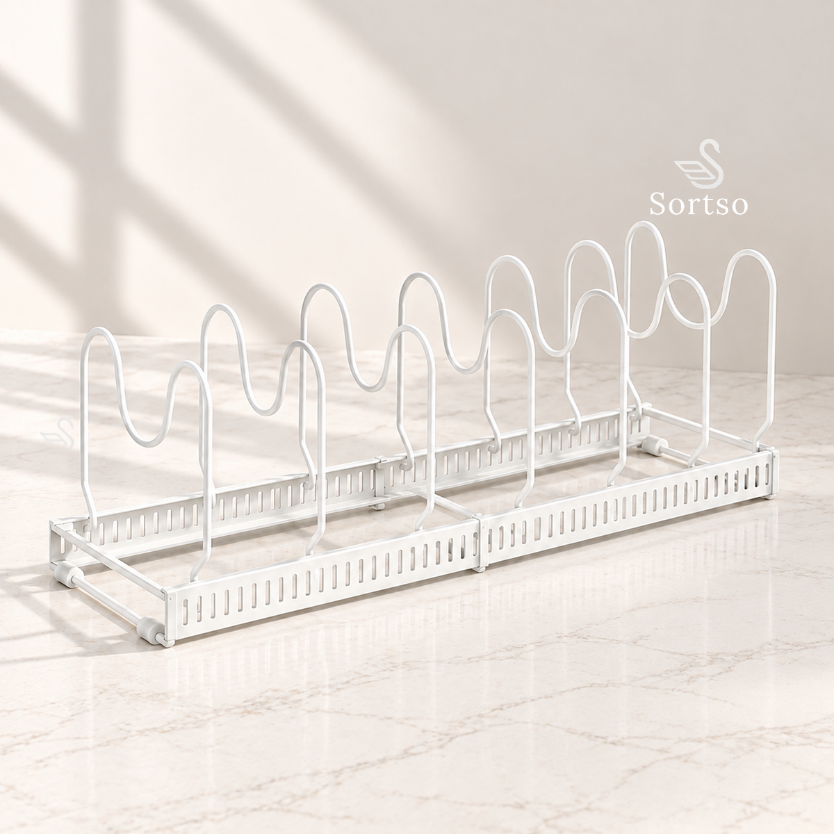 White adjustable 7-slot pots and pans organizer rack